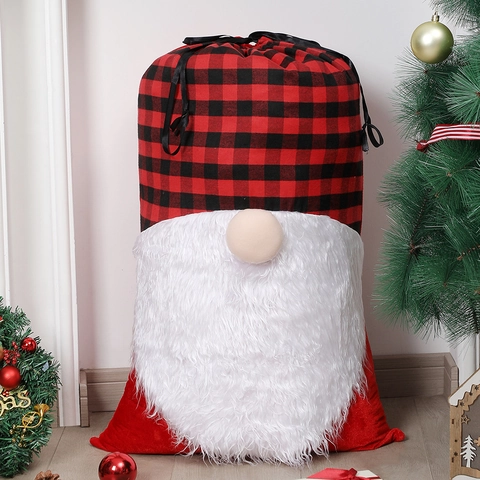 Kerstcadeauzak Buffelruit Fluweel Kunstbont Kabouter Gezichtsloze Oude Man Grote Zak Trekkoord Feestdecoratie