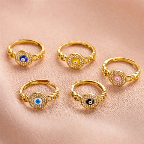 Mode Plaque Or Cuivre Mauvais Oeil Bague Ouverte Avec Strass Email Colore Reglable Bague De Doigt Pour Femmes Bijoux Cadeau