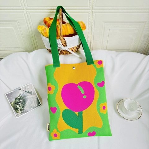 Women Knitted Tote Bag Large Capacity Cartoon Flower Pattern Polyester Shoulder Handbag Vibrant Fashion Casual Streetwear
