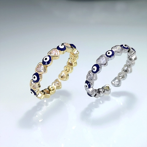 Anillo Abierto Ojo Turco Corazón Cobre Con Circonita Y Esmalte Azul Joyería Ajustable Para Mujer Estilo Retro