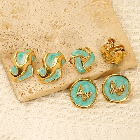 Stud Earrings For Women 304 Stainless Steel 18K Gold Plated Enamel Butterfly Yin Yang Knot Retro Waterproof Hypoallergenic