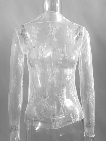 Donna Sexy Maglia Trasparente Top In Pizzo Floreale Maniche Lunghe Vestibilità Aderente Girocollo Chic Retro Blusa