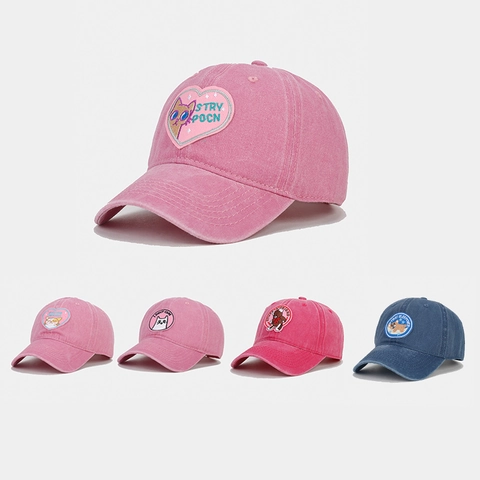 Washed Cotton Baseball Cap Vintage Embroidered Cat Bear Patch Adjustable Sun Hat Korean Style For Men Women