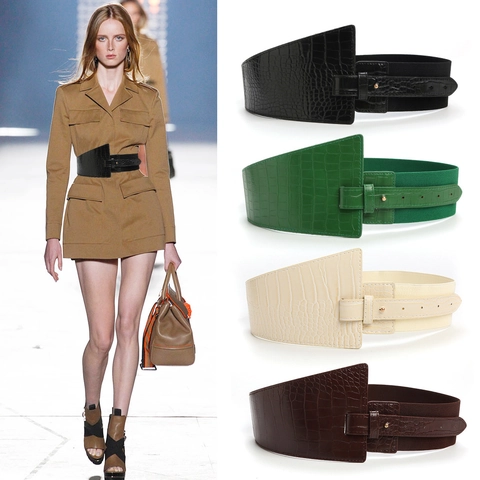 Women Wide Corset Belt PU Leather Alligator Pattern Elastic Asymmetric Waistband Fashion Dress Accessory