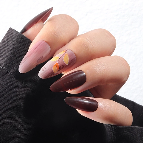 Amandelvormige Plaknagels Bordeaux Herfstblad Patroon Glanzende Herbruikbare Kunstnagels Voor Dames Manicure