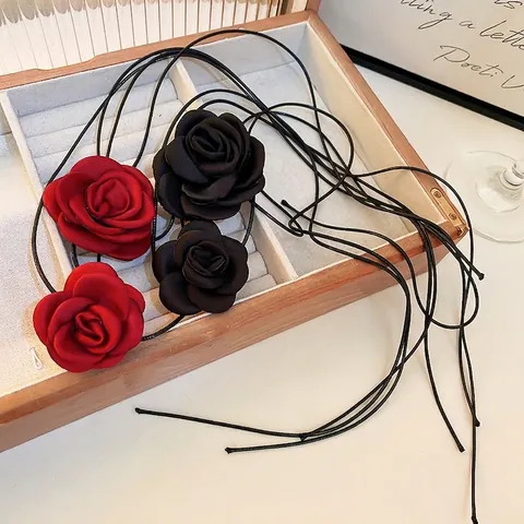 Handmade Cloth Rose Flower Choker Necklace Elegant Long Tie Up String Ribbon Romantic Neck Jewelry For Women