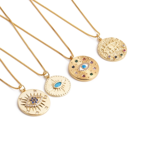 Bohemian Gold Plated Copper Evil Eye Pendant Necklace With Rhinestone Box Chain Fashion Ethnic Jewelry For Women