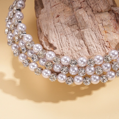 Gargantilla Perlas Artificiales Imitación Tres Capas Vintage Diamantes Imitación Barroco Joyería Elegante Para Mujer Boda