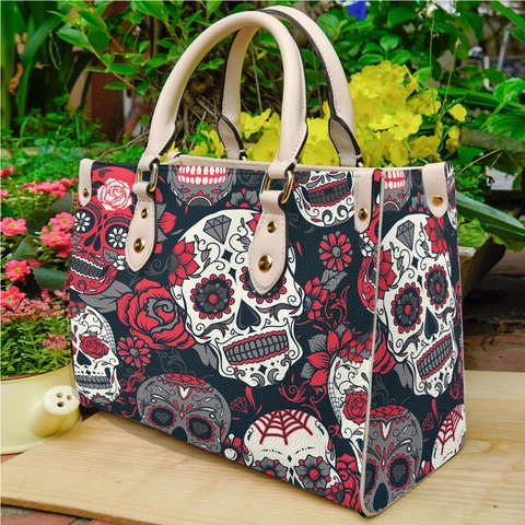 Gothic Skull Print Women Handbag PU Leather Tote Shoulder Bag Vintage Punk Style Rivet Large Capacity