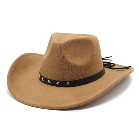Western Cowboy Hat Cotton Polyester Felt Wide Brim With Metal Star Studs Retro Style For Men Women Party Halloween