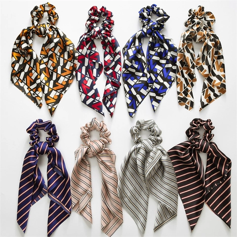 Satin Scarf Scrunchies Ribbon Hair Ties Large Elastic Ponytail Holder Vintage Pattern Satin Feel Elegant Headwear Women