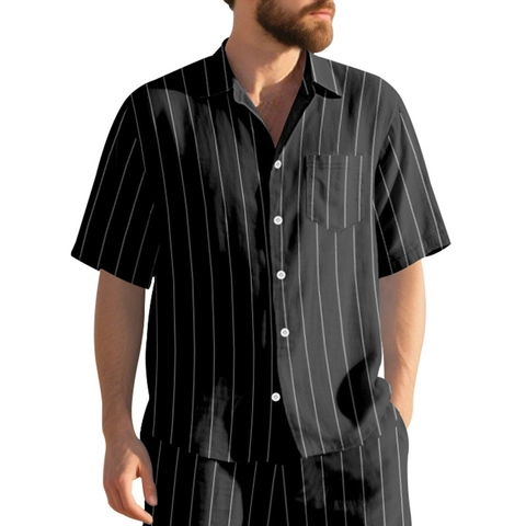 Homme Chemise Courte Rayée En Lin Et Short Décontracté Été Plage Vacances Style Rétro Haut À Boutons Avec Poche