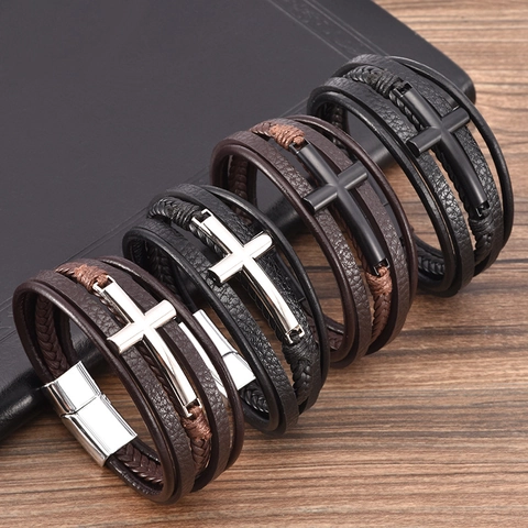 Cross Multi-Layer Braided Leather Bracelet With Magnetic Clasp Retro Punk Men Jewelry