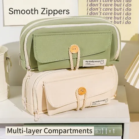 Large Capacity Pencil Case Canvas Multi Layer Stationery Bag Wooden Button Simple Aesthetic Organizer For Students