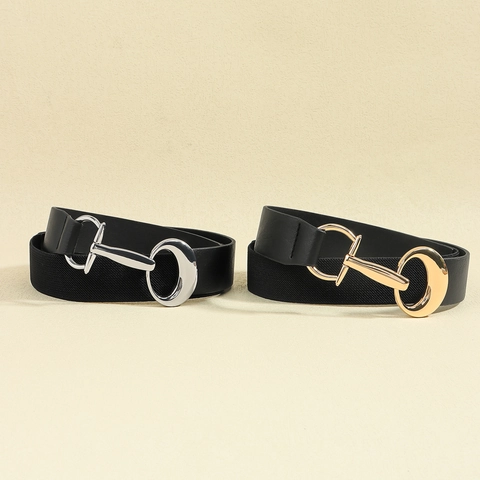 Women Fashion Elastic PU Leather Splicing Belt Minimalist Geometric Metal Horsebit Buckle Waistband Retro Y2K Dress Accessory