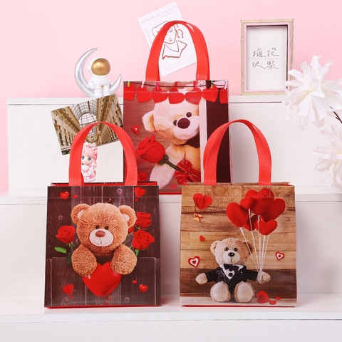 Sacchetti Regalo San Valentino Motivo Orsetto Tessuto Non Tessuto Laminato Impermeabile Per Feste Stile Romantico Legno