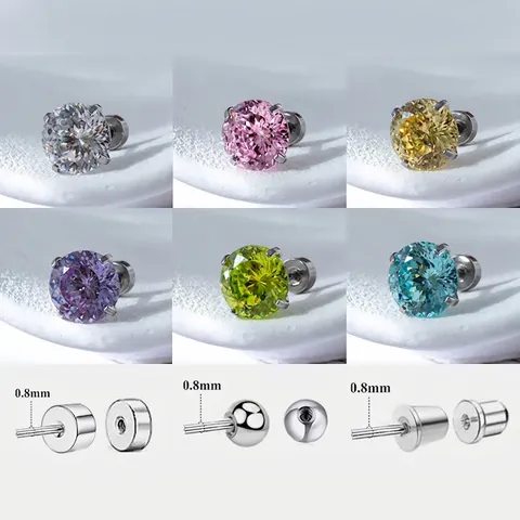 Pendientes De Cartílago Acero Titanio Circonita Colorida Cuatro Garras Corte Redondo Cierre De Rosca Joyería Mujer