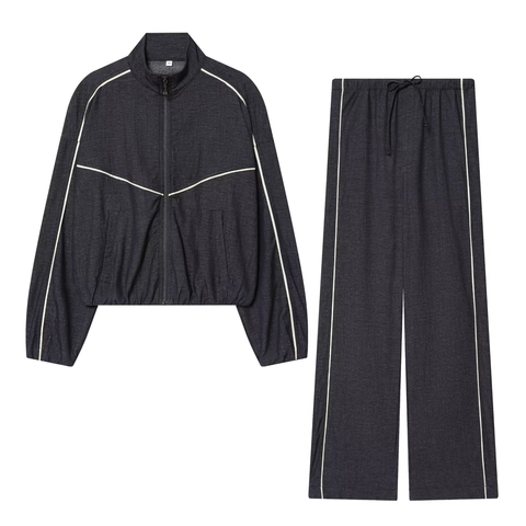 Women Denim Jacket And Long Pants Side Stripe Stand Collar Zipper Casual Sports Streetwear Tracksuit Outfits