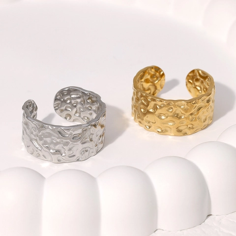 Anello Aperto In Acciaio Inossidabile Con Texture Martellata Placcato Oro 18K Stile Punk Gioielli Minimalisti Da Donna