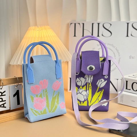 Mini Crossbody Phone Bag Knitted Polyester Floral Pattern Handheld Shoulder Pouch For Women Casual Sweet Style