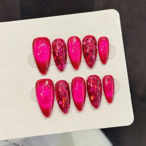 Faux Ongles Faits À La Main Effet Œil De Chat Rose Rouge Pailleté Luxe Réutilisables Ongles Artificiels Pour Femmes