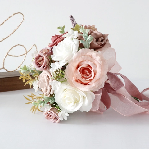 Ramo Novia Rosas De Satén Flores Artificiales Con Cintas Largas Para Accesorios Fotografía Boda Elegante Vintage