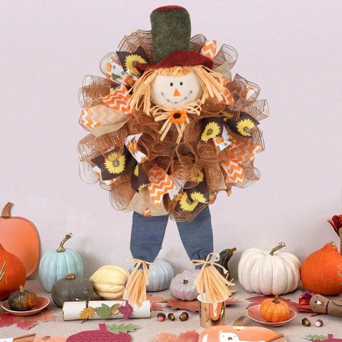 Autumn Scarecrow Wreath Burlap Mesh Sunflower Hanging Decoration For Thanksgiving Halloween Harvest Front Door Wall Rustic Festive