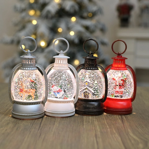 Lanterne Boule de Neige de Noël LED Lanterne à Paillettes Remplie d'Eau Motif Père Noël Renne Bonhomme de Neige Décoration Cadeau