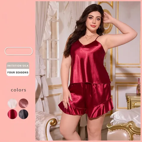 Top Pigiama E Pantaloncini Con Volant Per Donna Taglie Forti Satin Imitazione Raso Senza Maniche Scollo V Sexy Notte