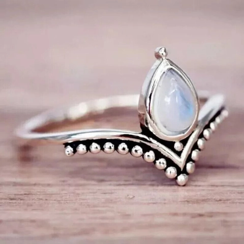 Anello In Rame Vintage Forma V Donna Goccia Imitazione Pietra Di Luna Bordo Perlato Argento Antico Gioielli Boho