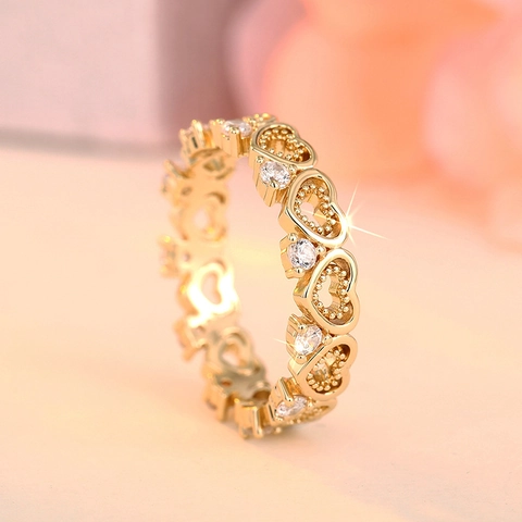 Heart Ring Copper Hollow Eternity Band Cubic Zirconia Studded Sweet Elegant Jewelry For Women