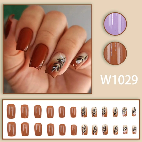 Τεχνητά Νύχια Caramel Brown Square Με Σχέδιο Φύλλων Και Χρυσό Φύλλο Γυαλιστερά Ψεύτικα Νύχια