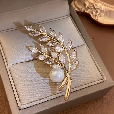 Broche De Espiga De Trigo Circonita Perla Artificial Cobre Bañado En Oro Elegante Joyería De Moda Vintage Accesorio Para Mujeres