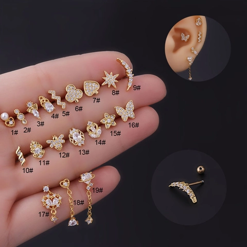 Cartilage Stud Earring Stainless Steel Bar Zircon Inlaid Butterfly Moon Star Helix Piercing Screw Back Jewelry For Women