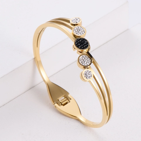 Triple Layer Hollow Bangle 316 Stainless Steel Jewelry With Black White Zirconia Rounds Plated Gold Elegant For Women