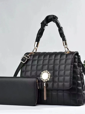 Women PU Leather Quilted Handbag And Wallet Ruched Handle Metal Tassel Elegant Shoulder Bag