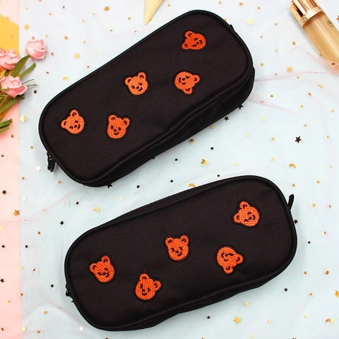 Niedliche Bären Stickerei Leinwand Mäppchen Große Kapazität Schreibwaren Organizer Tasche Koreanischen Stil Reißverschluss Beutel