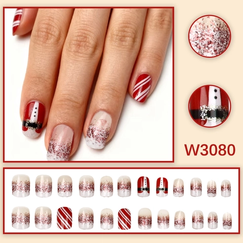 Christmas Press On Nails Santa Claus Design Red White Striped Glitter Artificial Nails Square Holiday Party For Women ABS Plastic