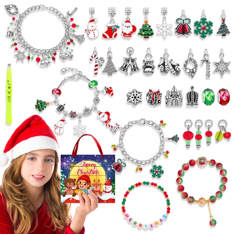 Calendrier de l'Avent de Noël 2024 Kit de Fabrication de Bracelets DIY pour Filles Breloques en Alliage Perles Ensemble de Bijoux Cadeau Compte à Rebours 24 Jours