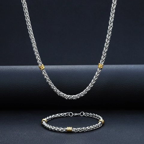Set Collana E Bracciale In Acciaio Inossidabile Bicolore Argento Oro Catena Di Grano Gioielli Trendy Per Uomo Donna