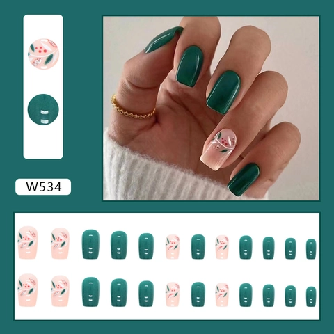 Emerald Green Press On Nails Retro Green Leaf Pattern Medium Square Shape Fresh Summer Style Artificial Fake Nails