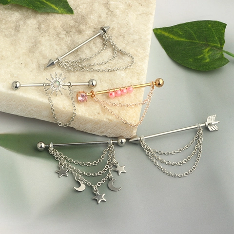 Boucle D Oreille Barbell Industriel En Acier Inoxydable Chaîne Gland Soleil Lune Étoile Flèche Bijoux De Piercing