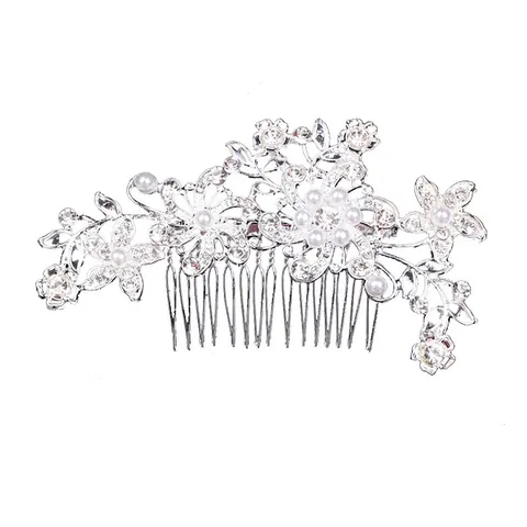 Pettine Per Capelli Da Sposa Elegante Strass Finta Perla Artificial Fiore Foglia Design Matrimonio Copricapo Argento Gioielli Accessorio Donne