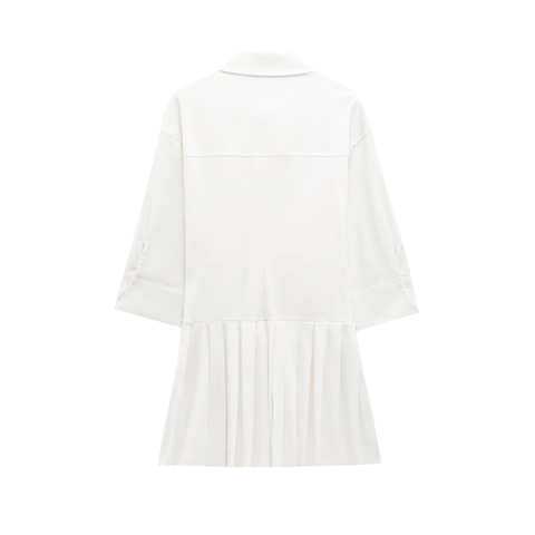 Women White Pleated Shirt Dress Short Sleeve Lapel Button Down Polyester Mini Everyday Wear Casual Elegant