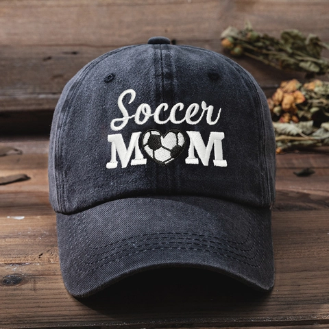 Casquette De Baseball Soccer Mom Coton Lavé Brodé Coeur Ballon De Foot Vintage Chapeau Réglable Femmes
