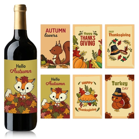Adesivi Etichette Bottiglia Vino Ringraziamento Decorazione Festa Autunno Tacchino Zucca Foglia Acero Design Adesivo Arredo Festivo