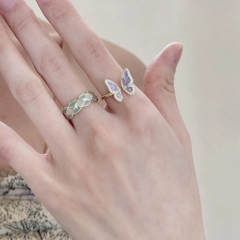 Butterfly Artificial Pearl Adjustable Rings Set Copper Enamel Zircon Shell Flower Design Vintage Style For Women Elegant Jewelry