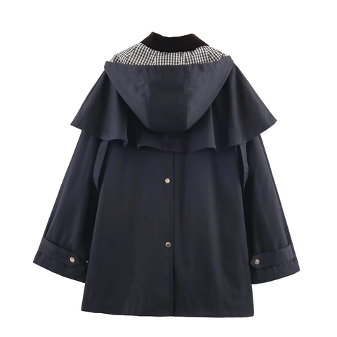 Trench Con Cappuccio Da Donna Blu Navy Colletto Velluto Fodera A Quadri Giacca Utility Casual Cerniera