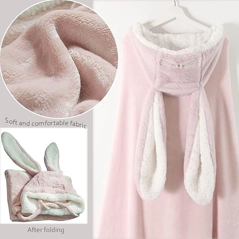 Wearable Hooded Blanket Cloak Soft Double Layer Flannel Lamb Wool Warm Nap Cape Cute Rabbit Ears For Women Girls