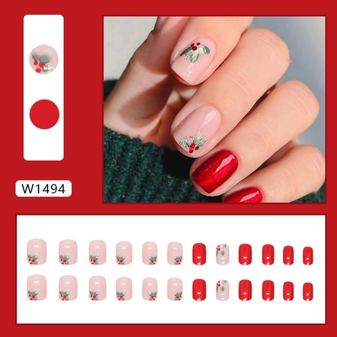 Short Square Press On Nails ABS Plastic Red Pink Floral Christmas Winter Theme Sweet Festive DIY Manicure For Women